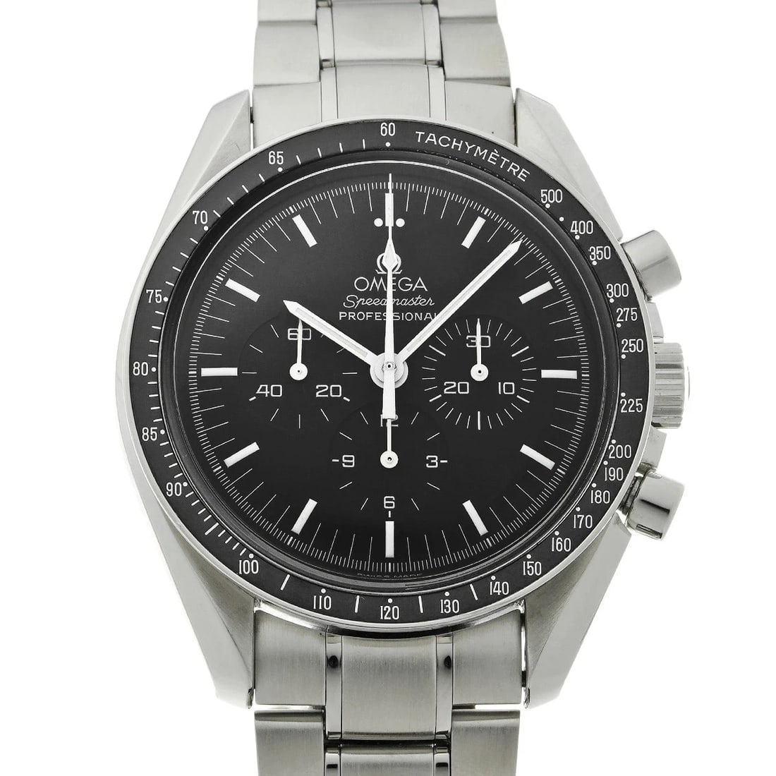 OMEGA SPEEDMASTER MOONWATCH PROFESSIONAL BLACK WATCH: Omega Speedmaster Moonwatch Professional Black Watch Brand: OMEGA Type/Style: Wristwatch Material: Band Material Stainless Case Material Plastic Color: Dial Color Black Size: Wrist Size 18.5cm Case