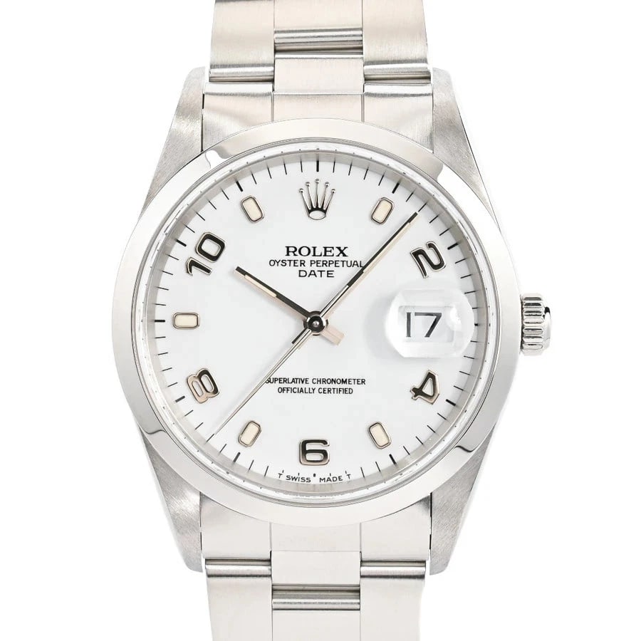 ROLEX OYSTER PERPETUAL DATE WHITE WATCH: Rolex Oyster Perpetual Date White Watch Brand: ROLEX Type/Style: Wristwatch Material: Case Material N/A Band Material Stainless Steel Color: Dial Color White Size: Wrist Size 18cm Case Size 34mm