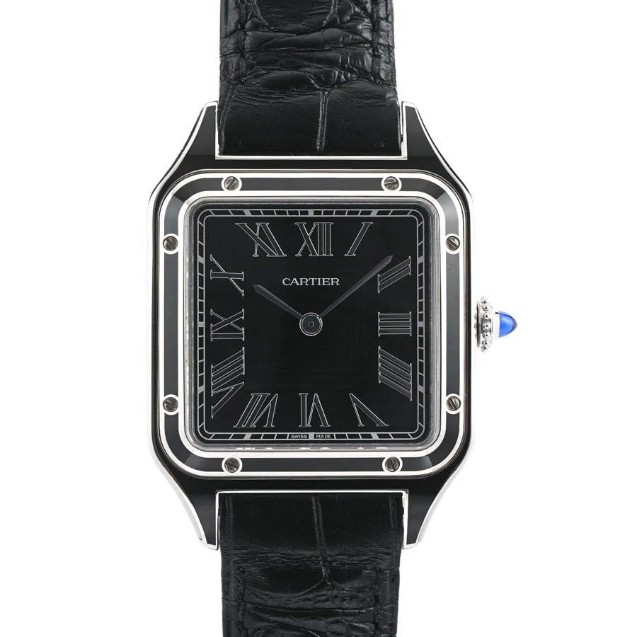 CARTIER SANTOS BLACK LACQUER WATCH: Cartier Santos Black Lacquer Watch Brand: CARTIER Type/Style: Wristwatch Material: Band Material Stainless Steel/Leather Belt Case Material N/A Color: Dial Color Black Size: Case Size 31.4mm Acces