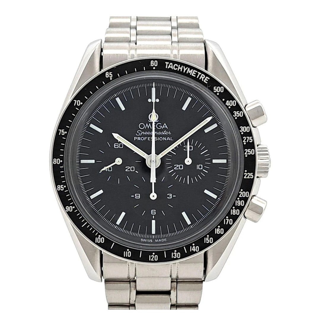 OMEGA BLACK WATCH: Omega Black Watch Brand: OMEGA Type/Style: Wristwatch Material: Case Material N/A Band Material Stainless Steel Color: Dial Color Black Size: Wrist Size 19cm Case Size 40mm Accessories: None <