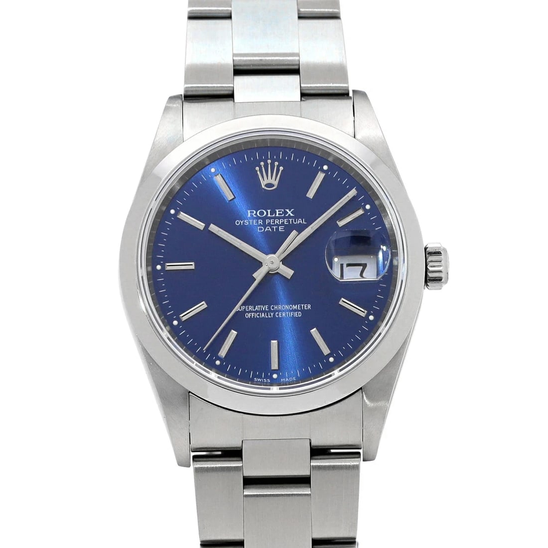 ROLEX OYSTER PERPETUAL DATE BLUE WATCH: Rolex Oyster Perpetual Date Blue Watch Brand: ROLEX Type/Style: Wristwatch Material: Band Material Stainless Case Material Sapphire Crystal Color: Dial Color Blue Size: Wrist Size 20cm Case Size 34 x