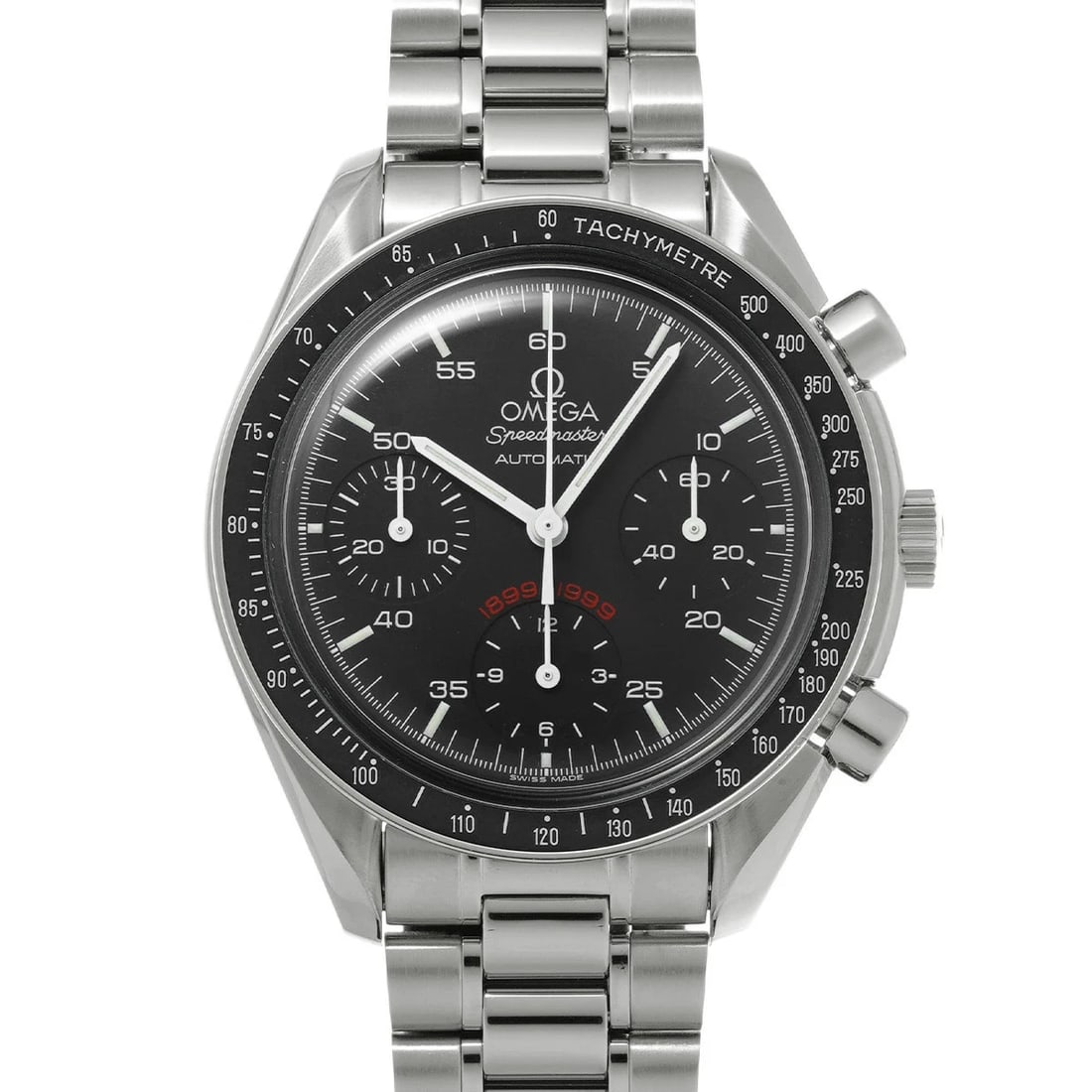 OMEGA SPEEDMASTER AUTOMATIC BLACK WATCH: Omega Speedmaster Automatic Black Watch Brand: OMEGA Type/Style: Wristwatch Material: Band Material Stainless Case Material Plastic Color: Dial Color Black Size: Wrist Size 18cm Case Size 39 x 39 mm