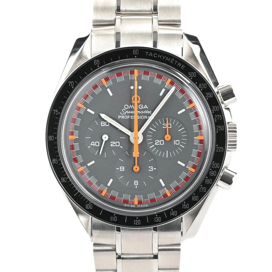 OMEGA SPEEDMASTER PROFESSIONAL RACING WATCH: Omega Speedmaster Professional Racing Watch Brand: OMEGA Type/Style: Wristwatch Material: Case Material N/A Band Material Stainless Steel Color: Dial Color Gray Size: Wrist Size 19.5cm Case Size 40mm