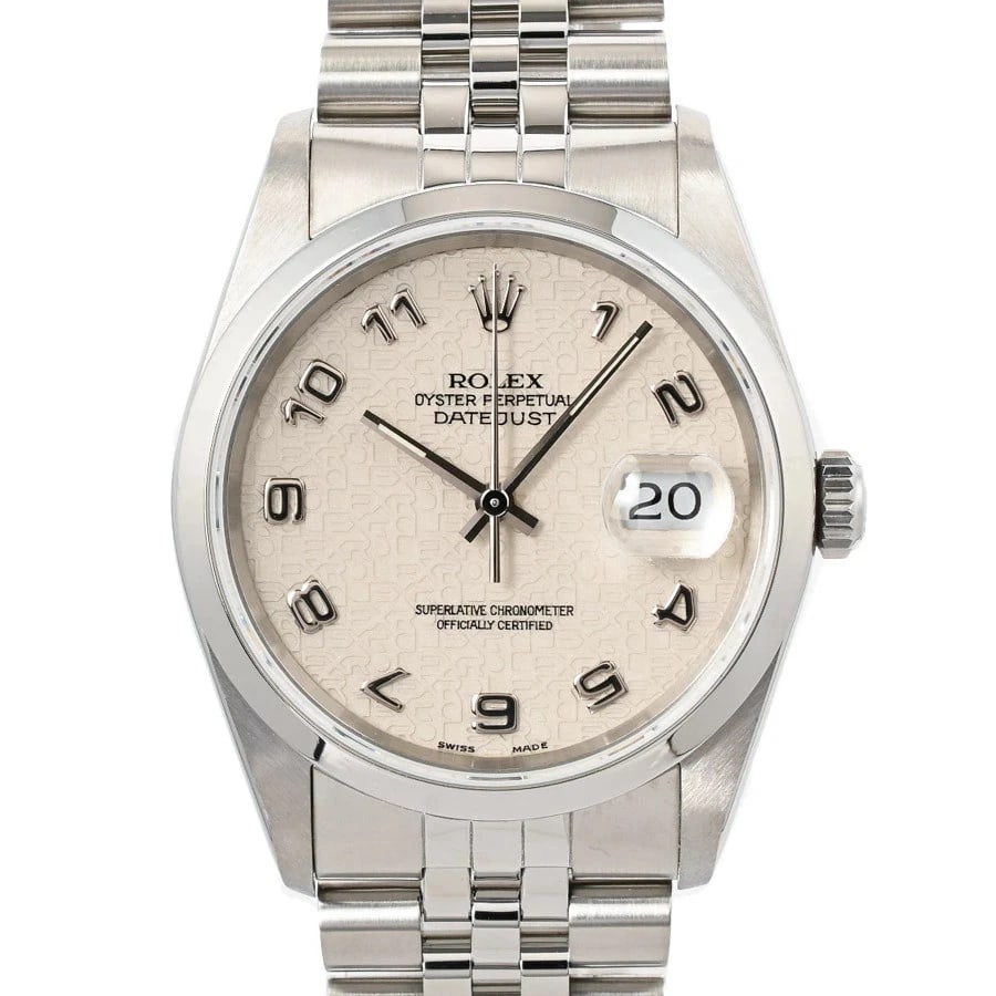 ROLEX DATEJUST IVORY WATCH: Rolex Datejust Ivory Watch Brand: ROLEX Type/Style: Wristwatch Material: Case Material N/A Band Material Stainless Steel Color: Dial Color Ivory Size: Wrist Size 19cm Case Size 36mm Accessories: None