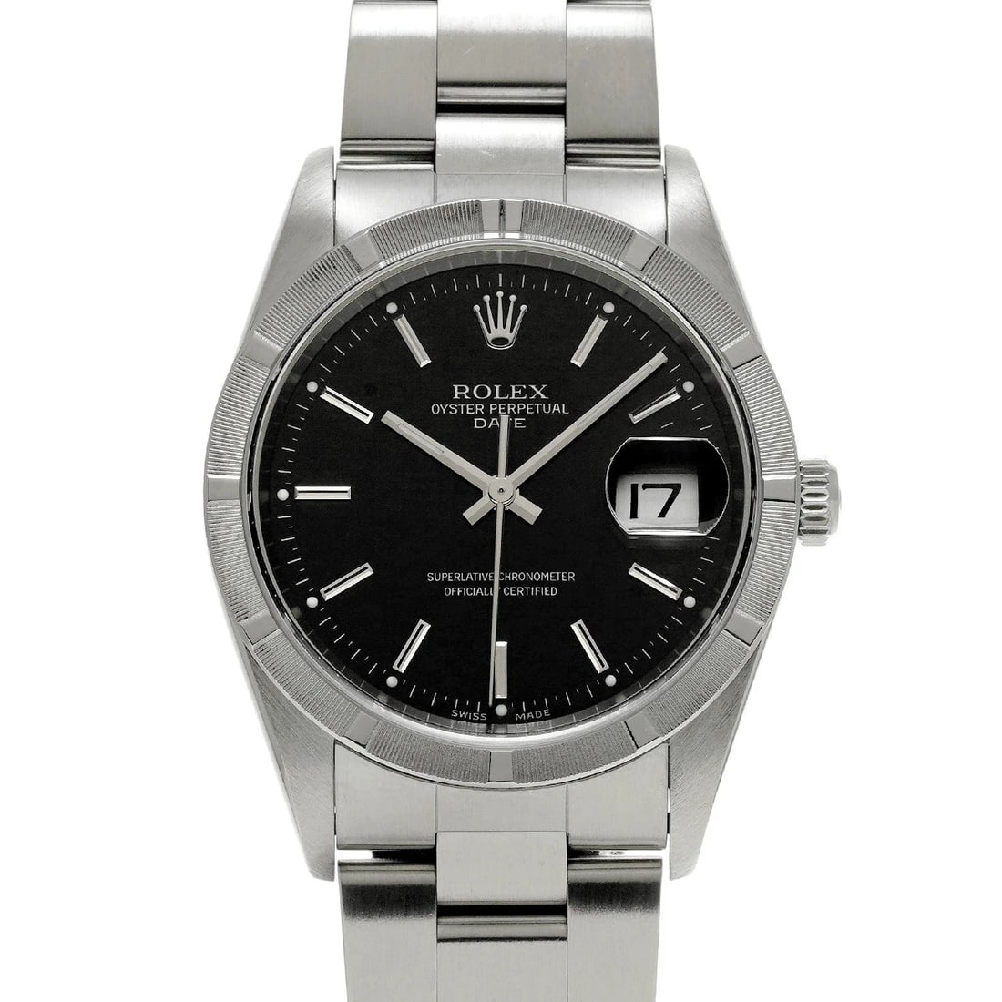 ROLEX OYSTER PERPETUAL DATE BLACK WATCH: Rolex Oyster Perpetual Date Black Watch Brand: ROLEX Type/Style: Wristwatch Material: Band Material Stainless Case Material Sapphire Crystal Color: Dial Color Black Size: Wrist Size 19cm Case Size 34