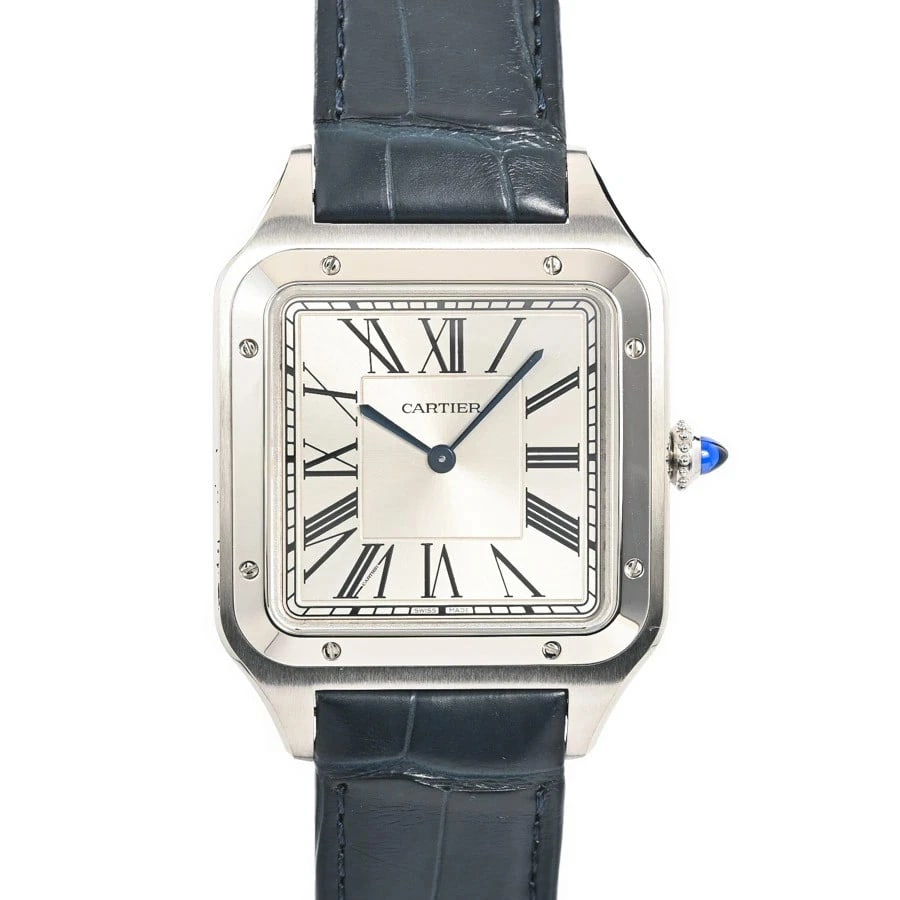 CARTIER SANTOS SILVER WATCH: Cartier Santos Silver Watch Brand: CARTIER Type/Style: Wristwatch Material: Band Material Stainless Steel/Leather Belt Case Material N/A Color: Dial Color Silver Size: Case Size 34mm (actual size)