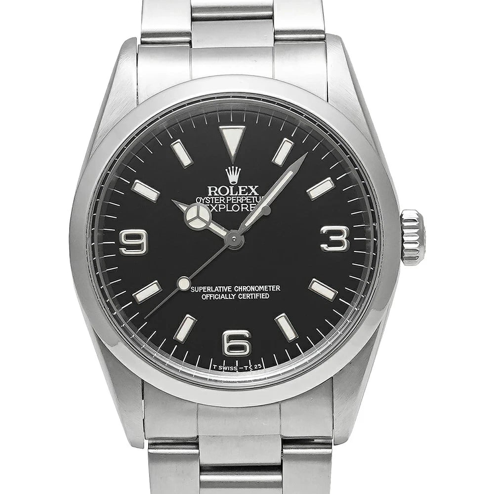 ROLEX EXPLORER BLACK WATCH: Rolex Explorer Black Watch Brand: ROLEX Type/Style: Wristwatch Material: Case Material N/A Band Material Stainless Steel Color: Dial Color Black Size: Case Size 36mm x 36mm Accessories: None <