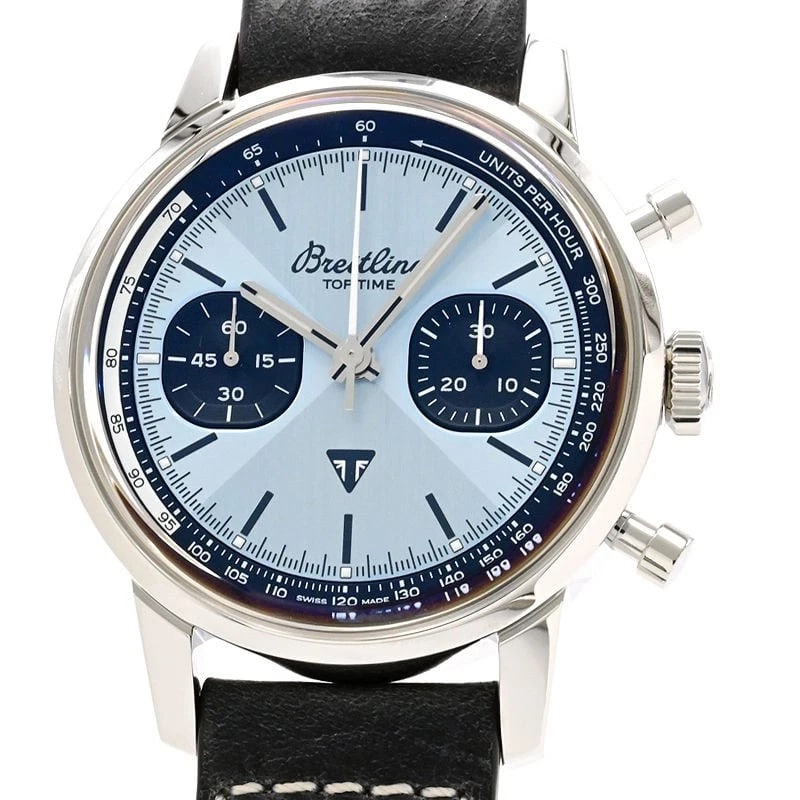 BREITLING TOP TIME BLUE WATCH: Breitling Top Time Blue Watch Brand: BREITLING Type/Style: Wristwatch Material: Band Material Stainless Steel With Leather Strap Case Material NA Color: Dial Color Blue Size: Case Size 41mm