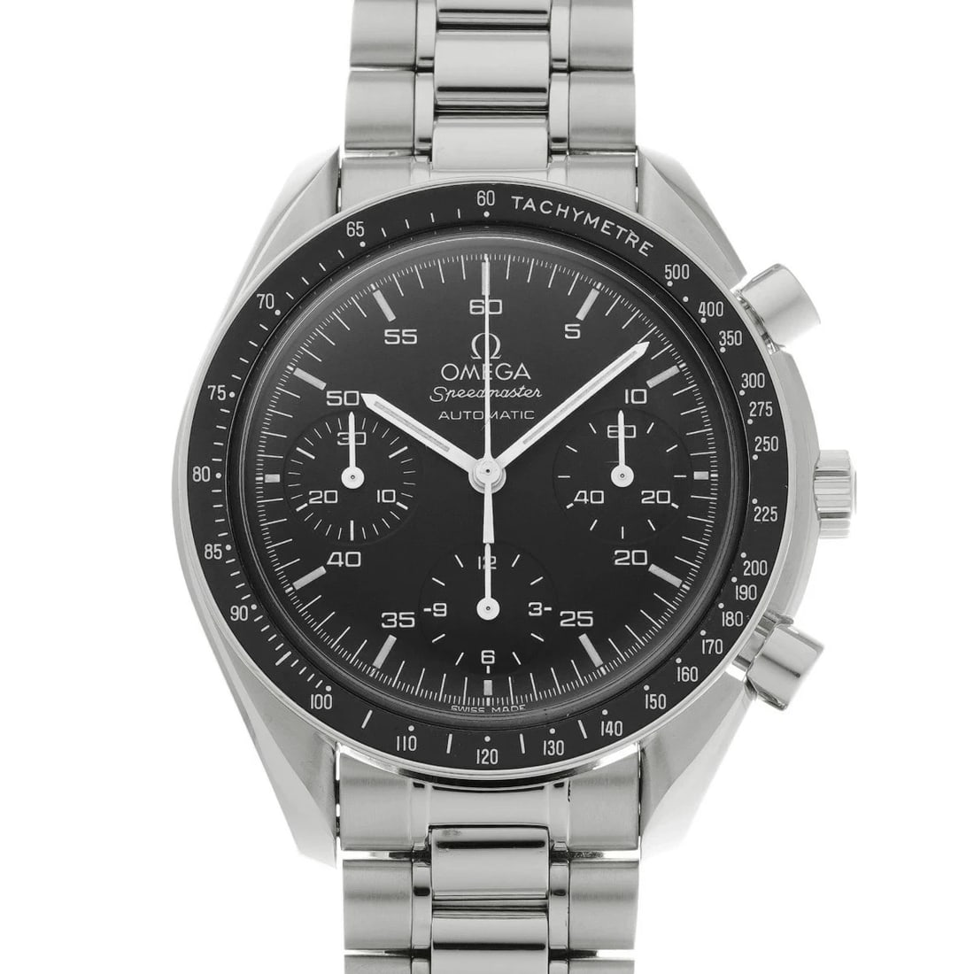 OMEGA SPEEDMASTER AUTOMATIC BLACK WATCH: Omega Speedmaster Automatic Black Watch Brand: OMEGA Type/Style: Wristwatch Material: Band Material Stainless Case Material Plastic Color: Dial Color Black Size: Wrist Size 19.5cm Case Size 39 x 39