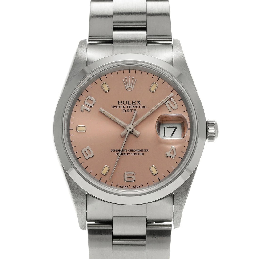 ROLEX OYSTER PERPETUAL DATE PINK WATCH: Rolex Oyster Perpetual Date Pink Watch Brand: ROLEX Type/Style: Watch Material: Band Material Stainless Case Material Sapphire Crystal Color: Dial Color Pink Size: Wrist Size 19cm Case Size 34x34mm