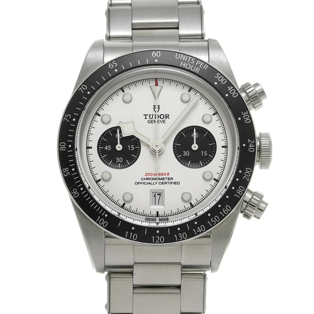 TUDOR BLACK CHRONO WHITE WATCH: Tudor Black Chrono White Watch Brand: TUDOR Type/Style: Wristwatch Material: Band Material Stainless Case Material Sapphire Crystal Color: Dial Color White Size: Wrist Size 21cm Case Size 41 x 41 mm