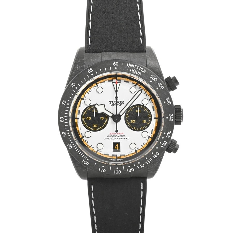 TUDOR BLACK CHRONO WATCH: Tudor Black Chrono Watch Brand: TUDOR Type/Style: Wristwatch Material: Band Material Carbon/Rubber Strap Case Material N/A Color: Dial Color Size: Case Size 42mm Accessories: None Accessories Notice: