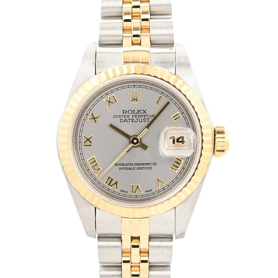 ROLEX DATEJUST GRAY WATCH: Rolex Datejust Gray Watch Brand: ROLEX Type/Style: Wristwatch Material: Band Material Stainless Steel/Yellow Gold/ Case Material N/A Color: Dial Color Gray Size: Wrist Size 16.5cm Case Size 26mm
