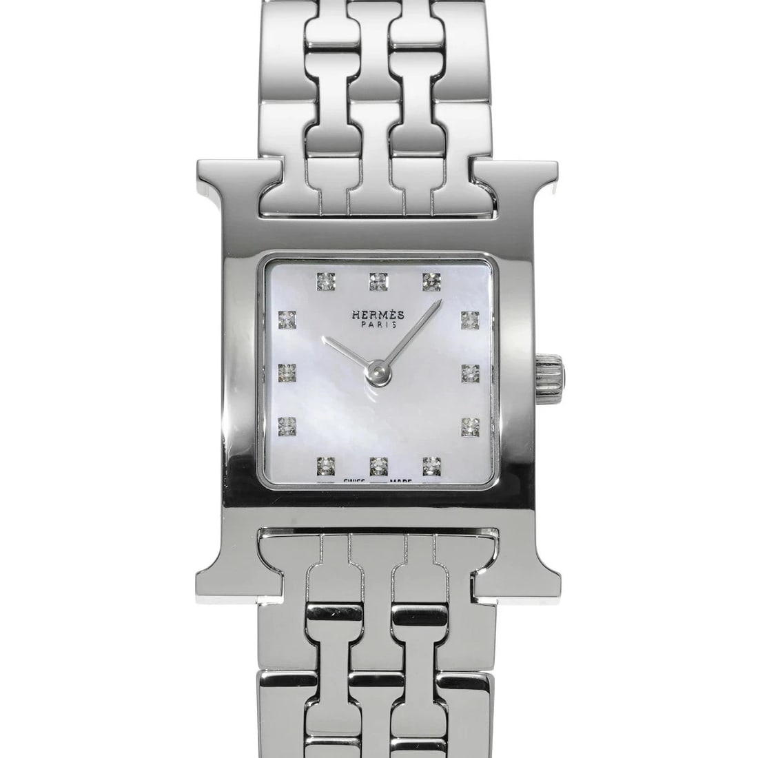 HERMES WHITE WATCH: Hermes White Watch Brand: HERMES Type/Style: Wristwatch Material: Band Material Stainless Case Material Sapphire Crystal Color: Dial Color White Size: Wrist Size 17cm Case Size 21 x 21 mm
