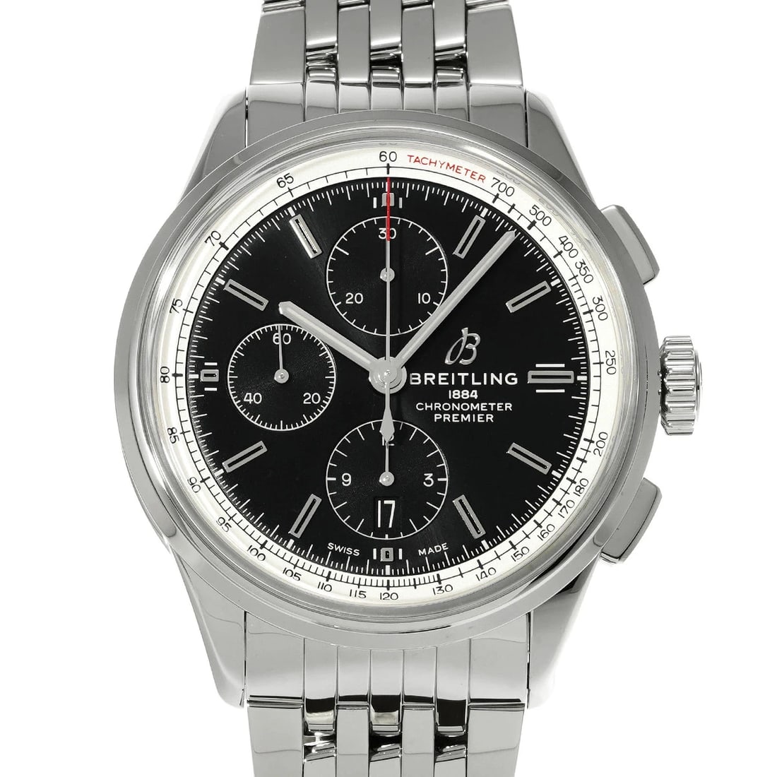 BREITLING PREMIER CHRONOGRAPH BLACK WATCH: Breitling Premier Chronograph Black Watch Brand: BREITLING Type/Style: Wristwatch Material: Band Material Stainless Case Material Sapphire Crystal Color: Dial Color Black Size: Wrist Size 20.5cm Case 