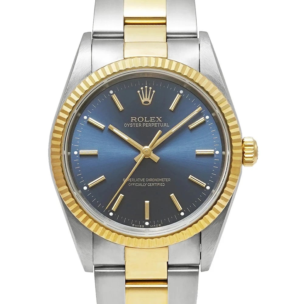 ROLEX OYSTER PERPETUAL BLUE WATCH: Rolex Oyster Perpetual Blue Watch Brand: ROLEX Type/Style: Wristwatch Material: Band Material Stainless Steel And Yellow Gold Case Material N/A Color: Dial Color Blue Size: Case Size 34mm x 34mm