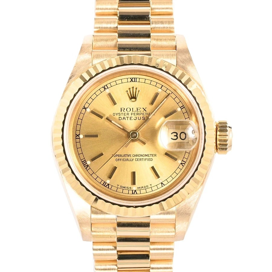 ROLEX DATEJUST YELLOW WATCH: Rolex Datejust Yellow Watch Brand: ROLEX Type/Style: Wristwatch Material: Band Material Yellow Gold/ Case Material N/A Color: Dial Color Size: Wrist Size 15.5cm Case Size 26mm Accessories: None