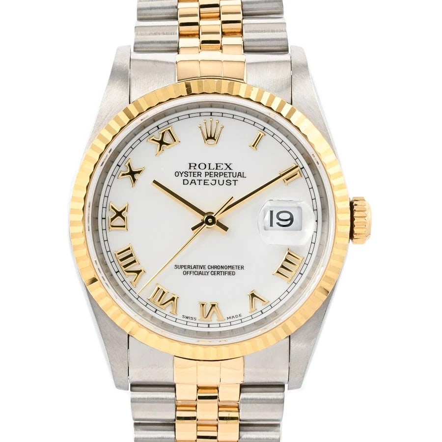 ROLEX WHITE WATCH: Rolex White Watch Brand: ROLEX Type/Style: Wristwatch Material: Band Material Stainless Steel/Yellow Gold/ Case Material N/A Color: Dial Color White Size: Wrist Size 18.5cm Case Size 36mm