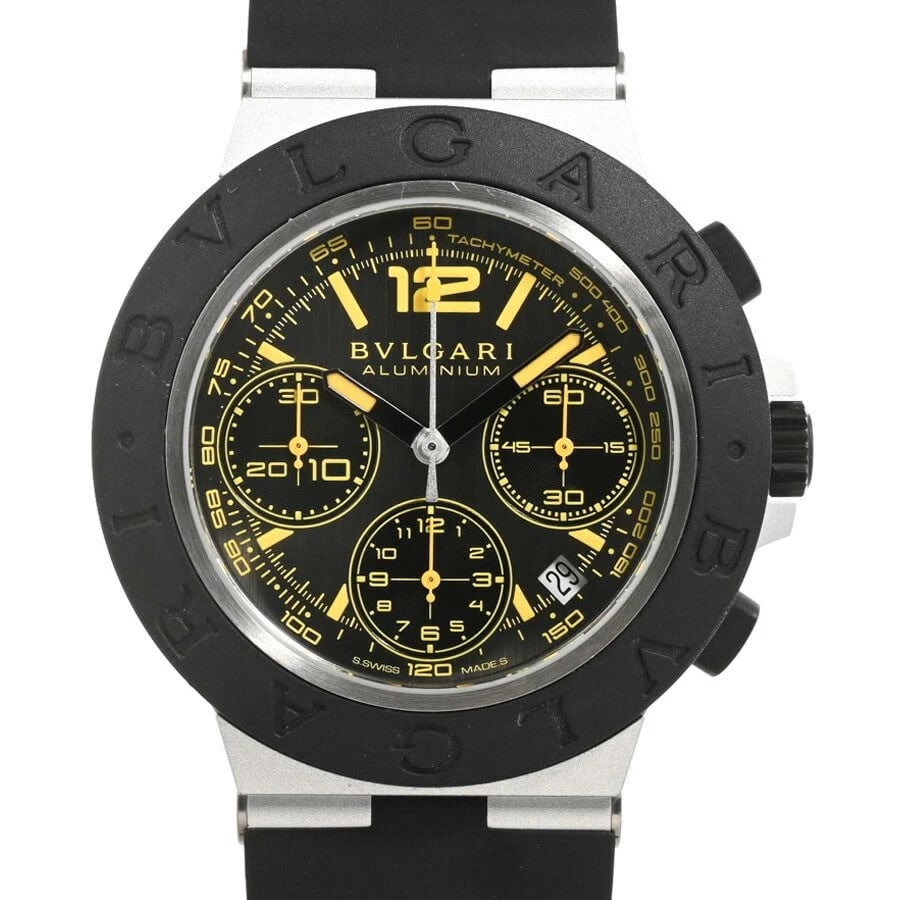 BVLGARI ALUMINUM BLACK WATCH: Bvlgari Aluminum Black Watch Brand: BVLGARI Type/Style: Wristwatch Material: Band Material Aluminum/Rubber Belt Case Material NA Color: Dial Color Black Size: Case Size 43mm (actual size)