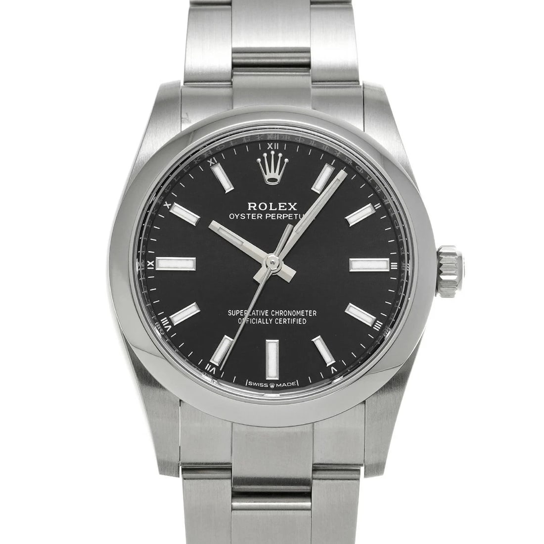 ROLEX OYSTER PERPETUAL BLACK WATCH: Rolex Oyster Perpetual Black Watch Brand: ROLEX Type/Style: Wristwatch Material: Band Material Stainless Case Material Sapphire Crystal Color: Dial Color Black Size: Wrist Size 18cm Case Size 34 x 34