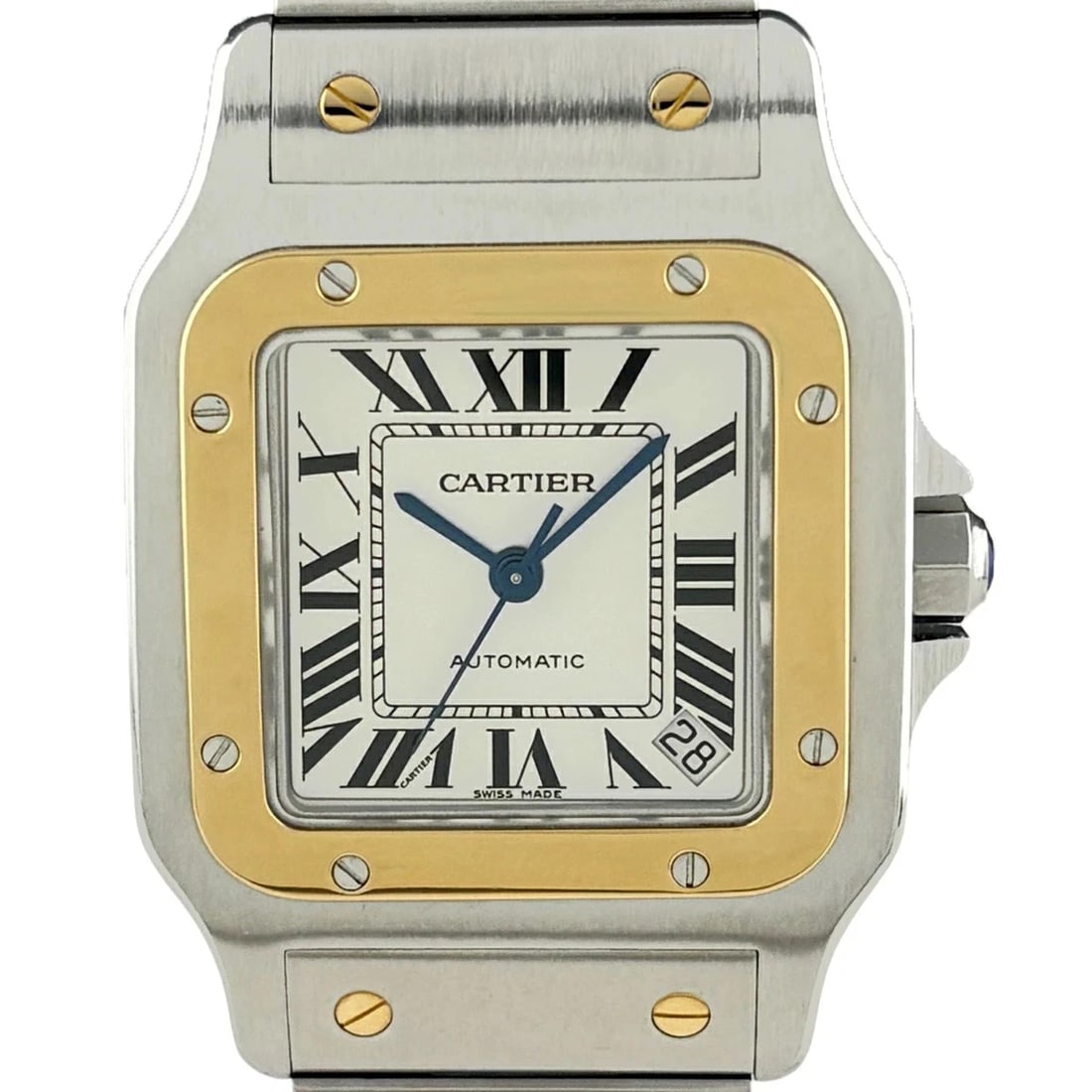 CARTIER SANTOS SILVER WATCH: Cartier Santos Silver Watch Brand: CARTIER Type/Style: Wristwatch Material: Band Material Ss, Yg Case Material Sapphire Crystal Color: Dial Color Size: Wrist Size 19.5cm Case Size 32mm Accessories: