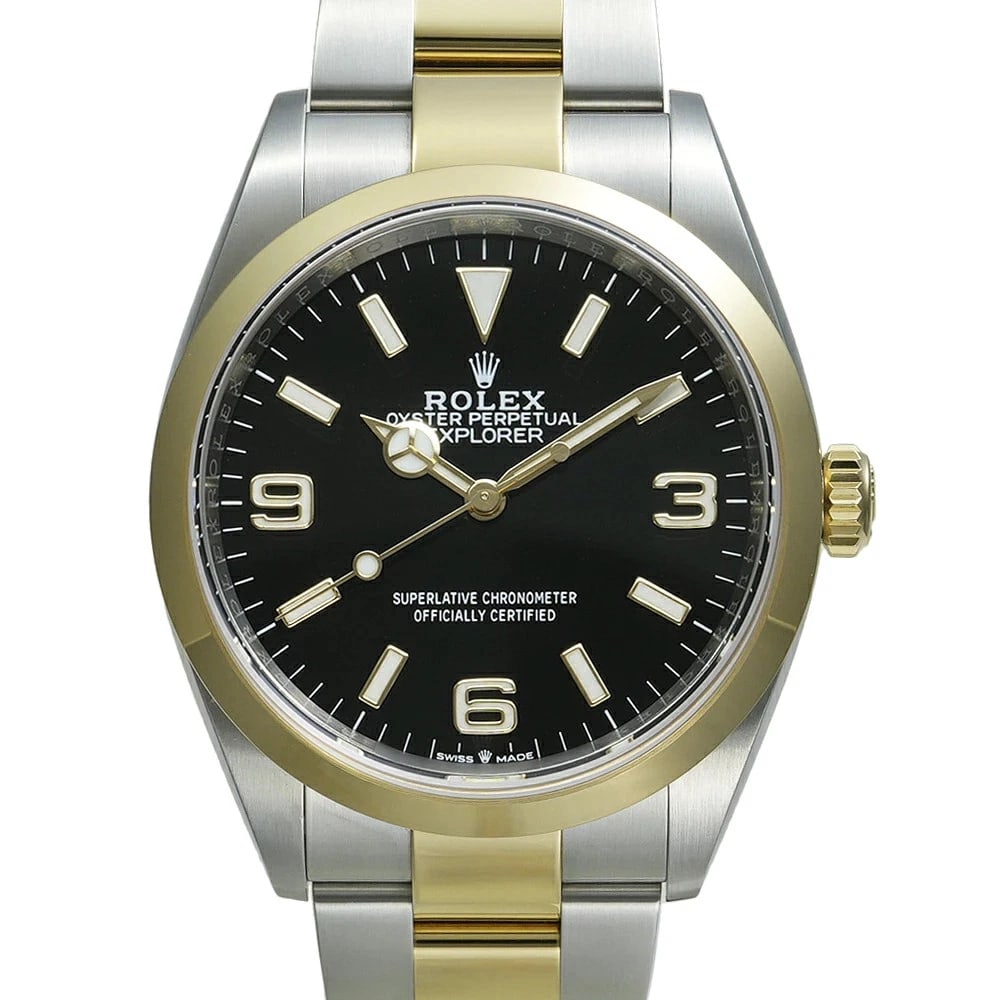 ROLEX EXPLORER BLACK WATCH: Rolex Explorer Black Watch Brand: ROLEX Type/Style: Wristwatch Material: Band Material Stainless Steel X Yellow Gold Case Material N/A Color: Dial Color Black Size: Case Size 36mm x 36mm Accessories: