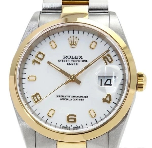 ROLEX OYSTER PERPETUAL DATE WHITE WATCH: Rolex Oyster Perpetual Date White Watch Brand: ROLEX Type/Style: Wristwatch Material: Case Material N/A Band Material N/A Color: Dial Color White Size: Wrist Size 16.5cm Case Size 34mm Accessories: