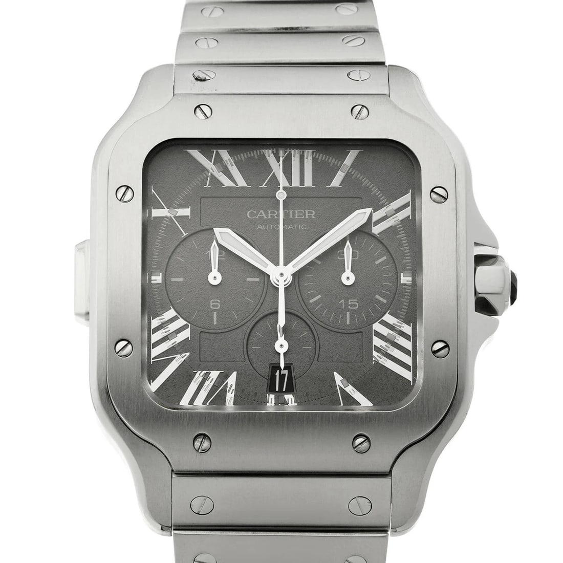 CARTIER WATCH GRAY WATCH: Cartier Watch Gray Watch Brand: CARTIER Type/Style: Wristwatch Material: Band Material Stainless Case Material Sapphire Crystal Color: Dial Color Gray Size: Case Size 51.5 x 43.3 mm Accessories: None