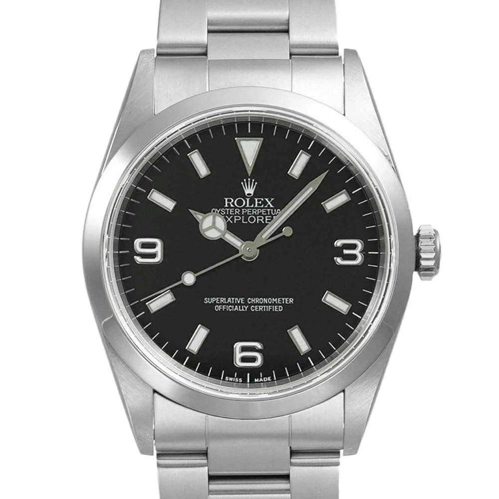ROLEX EXPLORER BLACK WATCH: Rolex Explorer Black Watch Brand: ROLEX Type/Style: Wristwatch Material: Case Material N/A Band Material Stainless Steel Color: Dial Color Black Size: Case Size 36mm x 36mm Accessories: None