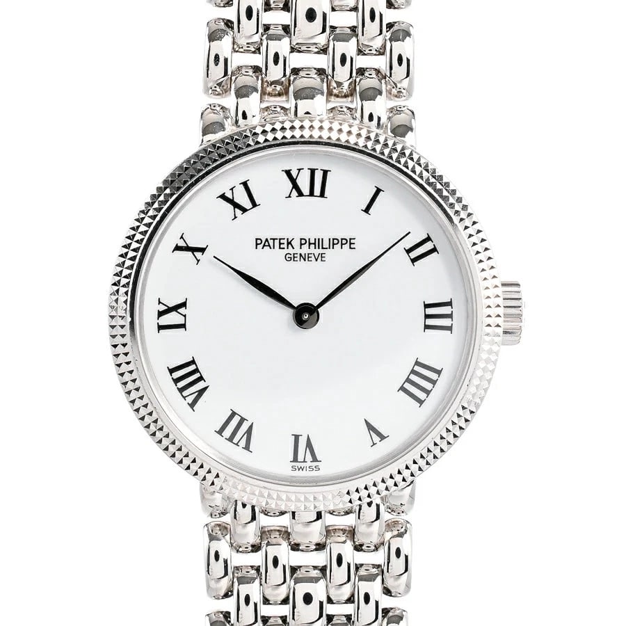 PATEK PHILIPPE CALATRAVA WHITE WATCH: Patek Philippe Calatrava White Watch Brand: PATEK PHILIPPE Type/Style: Wristwatch Material: Band Material White Gold Case Material N/A Color: Dial Color White Size: Wrist Size 18.5cm Case Size 25mm