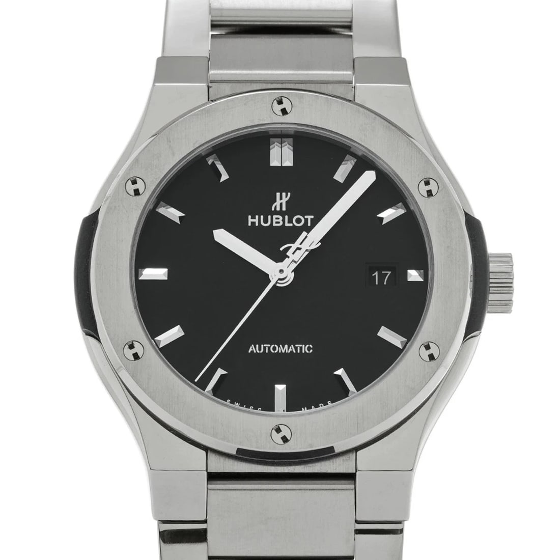 HUBLOT CLASSIC FUSION TITANIUM BLACK WATCH: Hublot Classic Fusion Titanium Black Watch Brand: HUBLOT Type/Style: Wristwatch Material: Band Material Titanium Case Material Sapphire Crystal Color: Dial Color Black Size: Wrist Size 19.5cm Case Siz