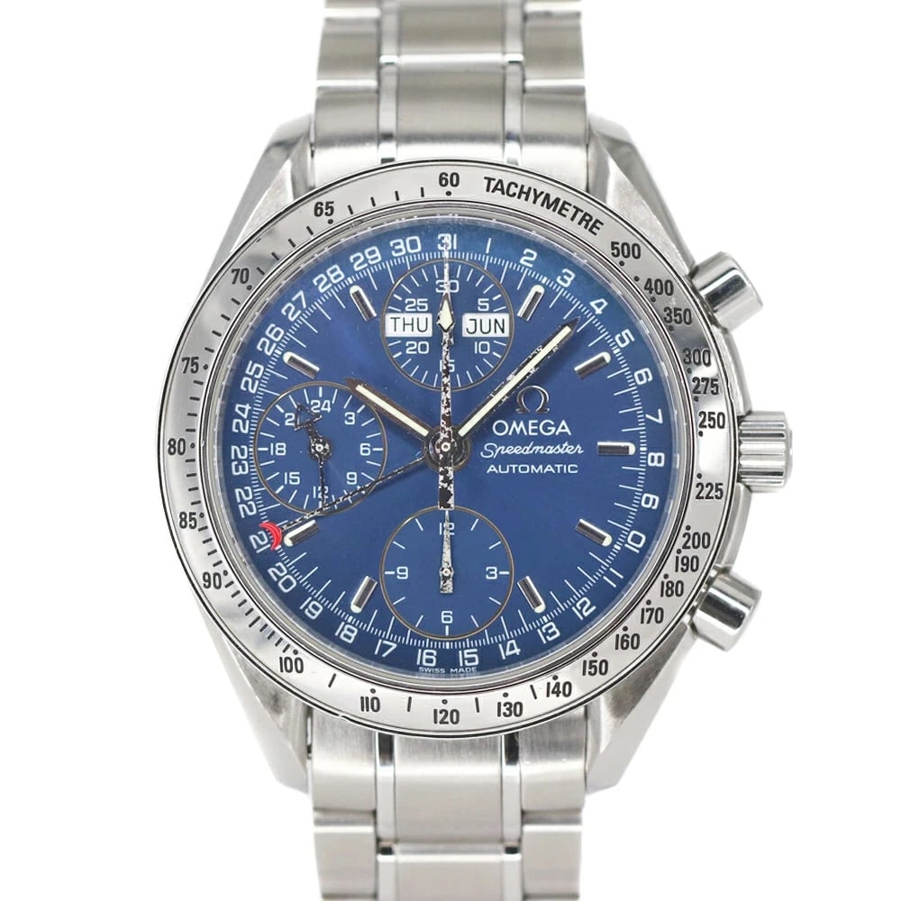 OMEGA SPEEDMASTER BLUE WATCH: Omega Speedmaster Blue Watch Brand: OMEGA Type/Style: Wristwatch Material: Case Material N/A Band Material N/A Color: Dial Color Blue Size: Wrist Size 17.0cm Case Size 39mm Accessories: None <