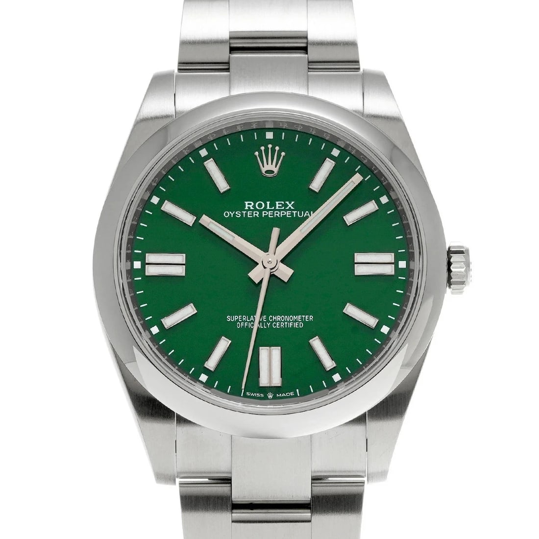 ROLEX OYSTER PERPETUAL GREEN WATCH: Rolex Oyster Perpetual Green Watch Brand: ROLEX Type/Style: Wristwatch Material: Band Material Stainless Case Material Sapphire Crystal Color: Dial Color Green Size: Wrist Size 19cm Case Size 41 x 41 