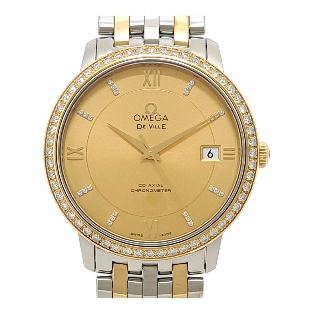 OMEGA GOLD WATCH: Omega Gold Watch Brand: OMEGA Type/Style: Wristwatch Material: Band Material Stainless Steel, Yellow Gold Case Material N/A Color: Dial Color Gold Size: Wrist Size 18.5cm Case Size 37mm Accessorie