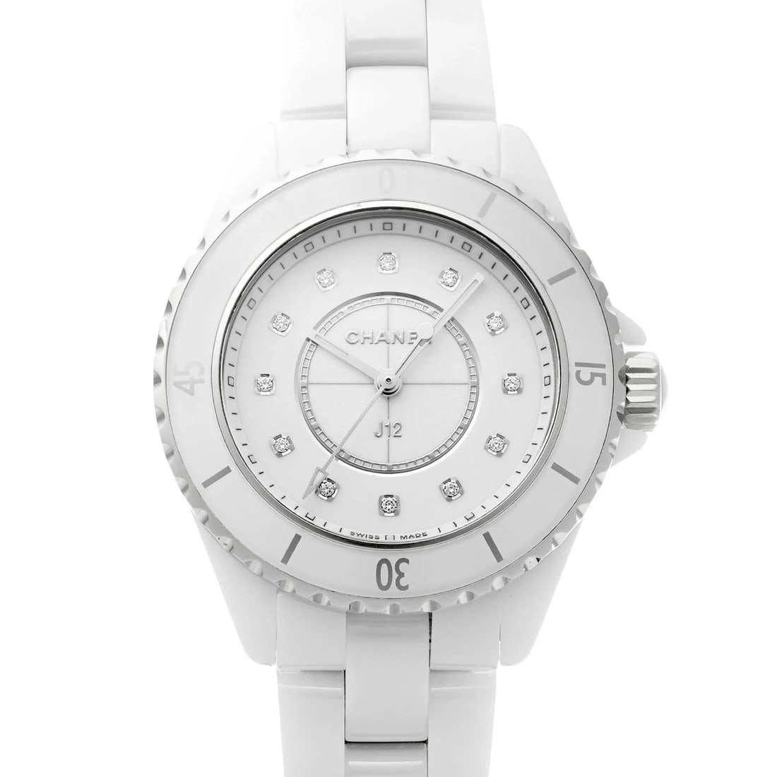 CHANEL J12 WHITE WATCH: Chanel J12 White Watch Brand: CHANEL Type/Style: Wristwatch Material: Band Material Ceramic Case Material Sapphire Crystal Color: Dial Color White Size: Wrist Size 17.5cm Case Size 33 x 33 mm Acce