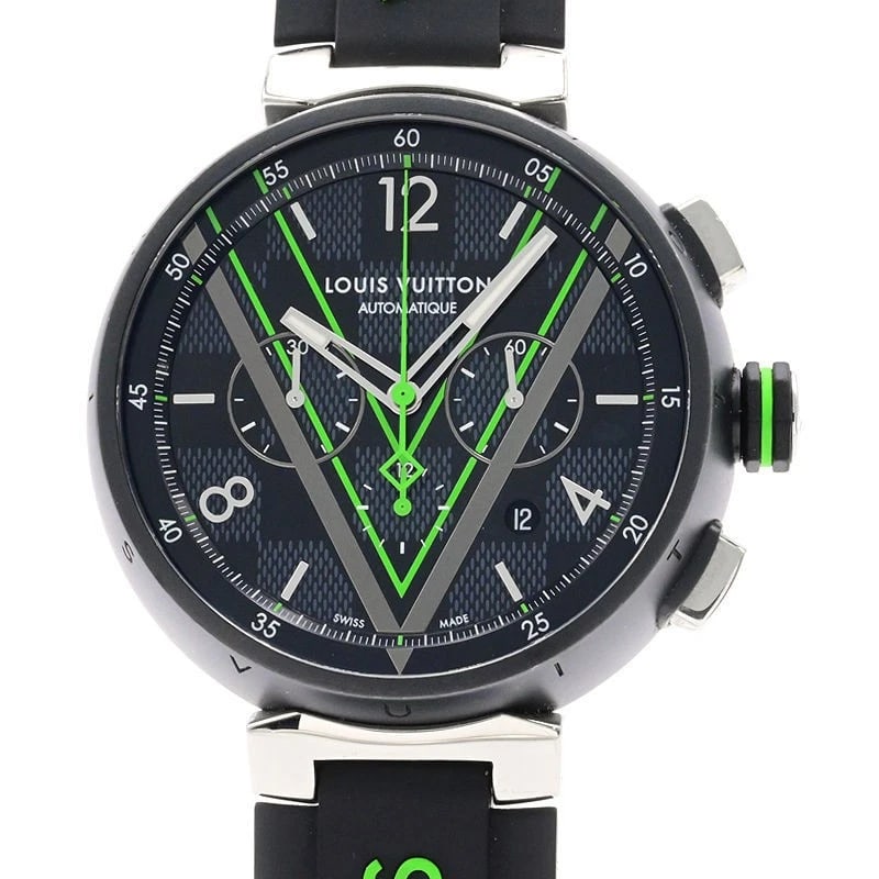 LOUIS VUITTON WATCH BLACK WATCH: Louis Vuitton Watch Black Watch Brand: LOUIS VUITTON Type/Style: Wristwatch Material: Band Material Stainless Steel (Pvd) Rubber Strap Case Material N/A Color: Dial Color Black Size: Case Size 46mm