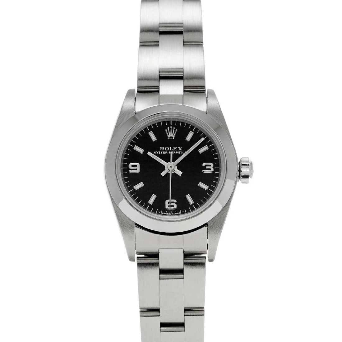 ROLEX OYSTER PERPETUAL BLACK WATCH: Rolex Oyster Perpetual Black Watch Brand: ROLEX Type/Style: Wristwatch Material: Band Material Stainless Case Material Sapphire Crystal Color: Dial Color Black Size: Wrist Size 17.5cm Case Size 24 x