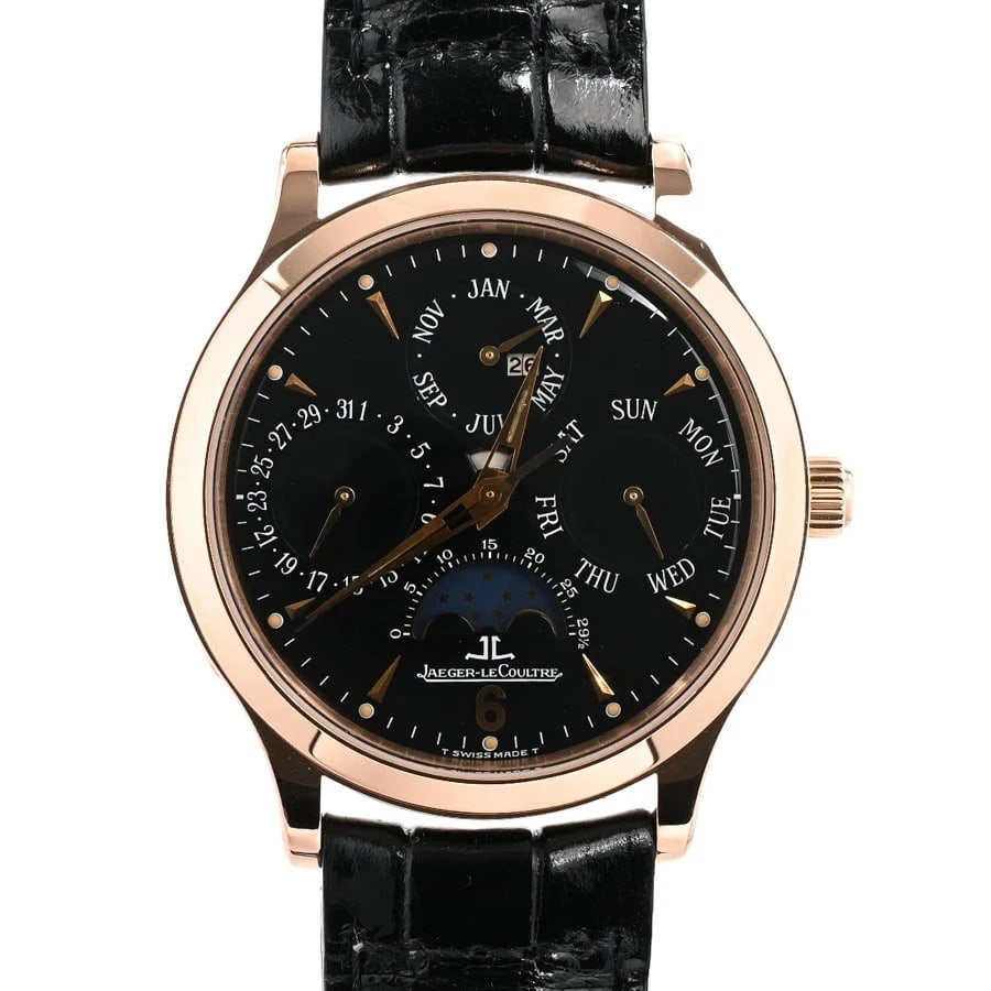 JAEGER-LECOULTRE WATCH BLACK WATCH: Jaeger-Lecoultre Watch Black Watch Brand: JAEGER-LECOULTRE Type/Style: Wristwatch Material: Band Material Pink Gold/Leather Belt Case Material N/A Color: Dial Color Black Size: Case Size 37mm (actual 