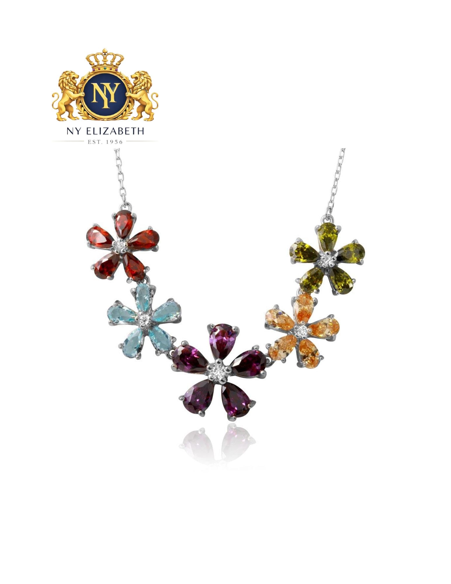 RHODIUM PLATED 925 STERLING SILVER FLOWER NECKLACE: Rhodium Plated 925 Sterling Silver CZ Flower Necklace Metal: 925 Sterling Silver Plating: Nickel Free Rhodium Plated Stone: Multi-color Cubic Zirconia Stones Dimensions: 60mm x 15mm Weight: 7.5 grams 