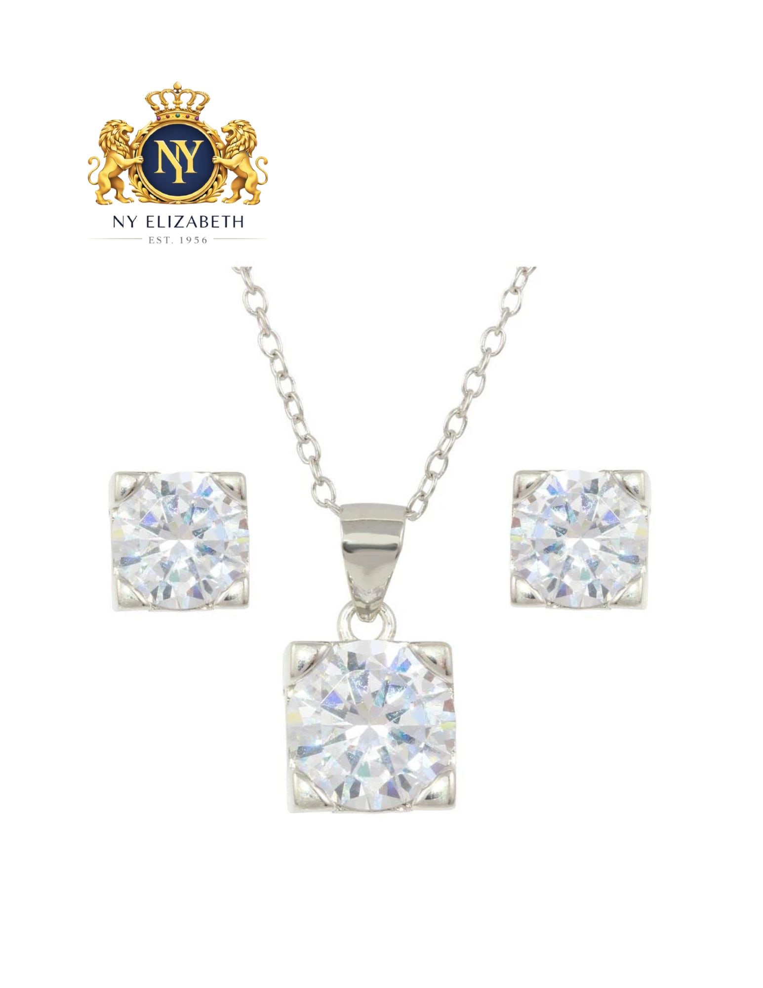RHODIUM PLATED 925 STERLING SILVER BOXED STONE NECKLACE AND EARRINGS SET: Rhodium Plated 925 Sterling Silver Boxed CZ Stone Necklace and Earrings Set Metal: 925 Sterling Silver Plating: Nickel Free Rhodium Plated Stone: Cubic Zirconia Stones Dimensions: Pendant Dimensions 8