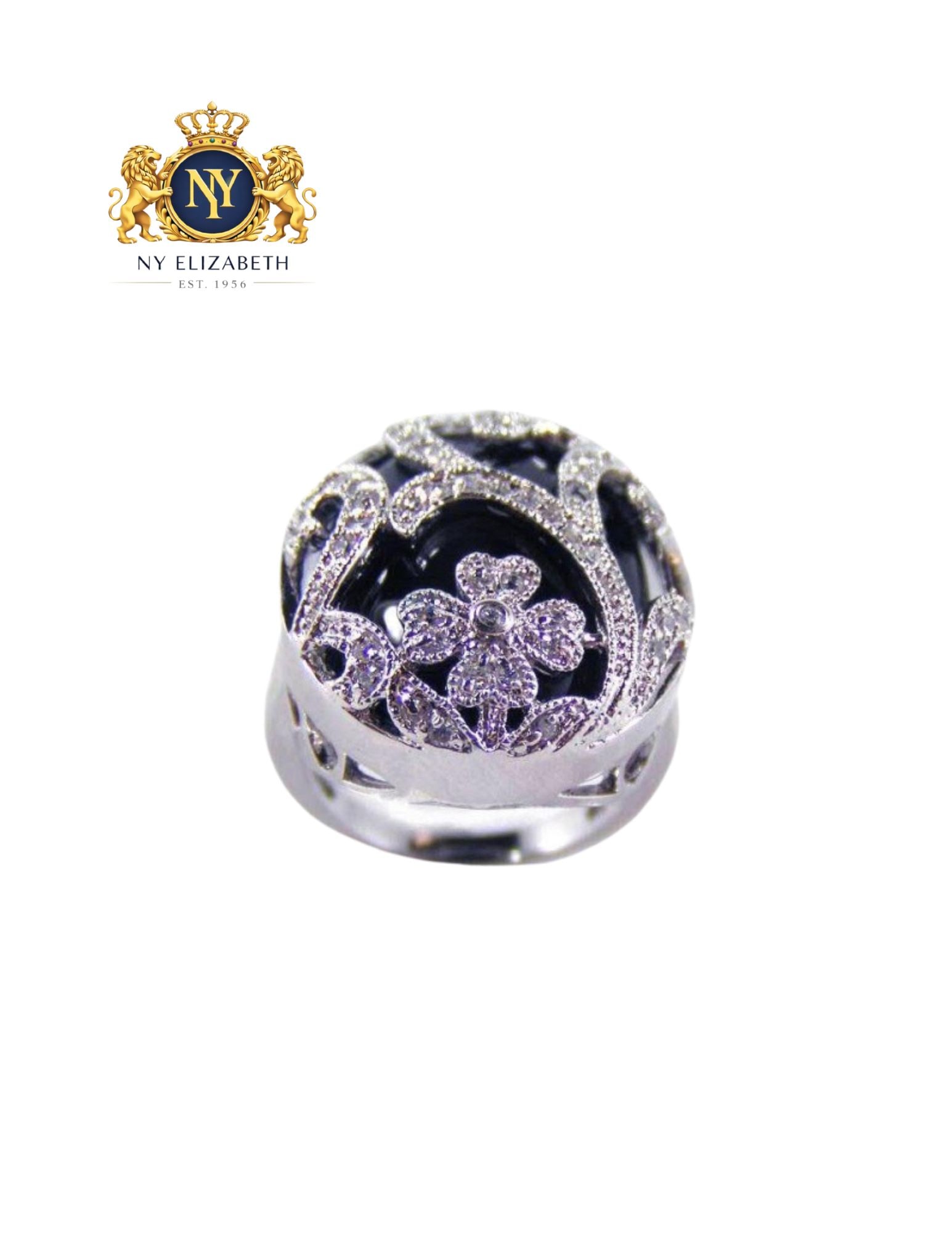 SILVER 925 RHODIUM PLATED BLACK ONYX CLEAR FLOWER RING: Silver 925 Rhodium Plated Black Onyx Clear CZ Flower Ring Metal: 926 Sterling Silver Plating: Nickel Free Rhodium Plated Stone: Clear Black Onxy CZ Stone Ring Size:: 10 US Accessories: None Notice: