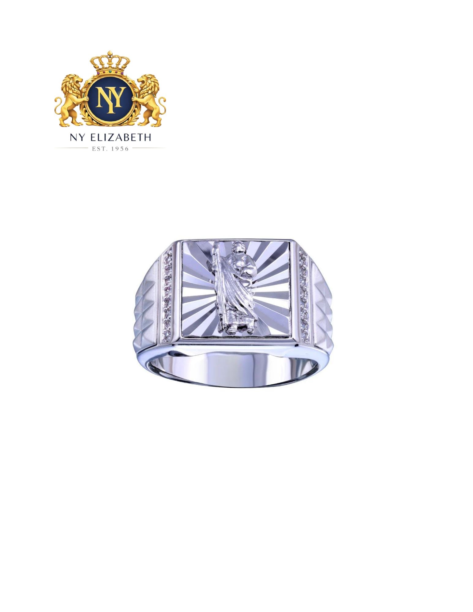 RHODIUM PLATED 925 STERLING SILVER SAINT JUDE RING: Rhodium Plated 925 Sterling Silver Saint Jude CZ Ring Metal: 925 Sterling Silver Plating: Nickel Free Rhodium Ring Size:: 9 US Accessories: None Notice: When purchasing pre-owned goods, please refer t
