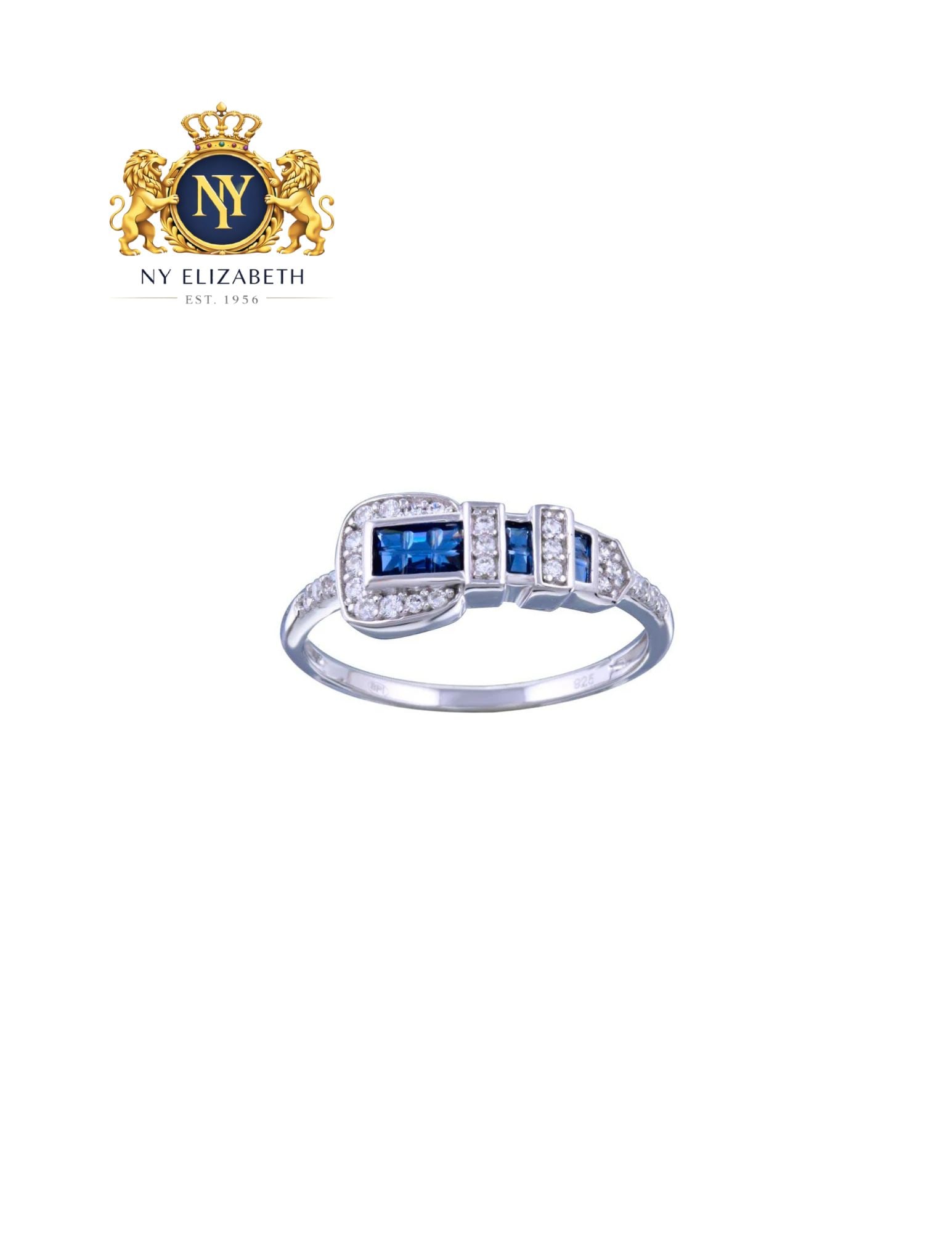 RHODIUM PLATED 925 STERLING SILVER BLUE AND CLEAR BELT RING: Rhodium Plated 925 Sterling Silver Blue and Clear CZ Belt Ring Metal: 925 Sterling Silver Plating: Nickel Free Rhodium Plated Stone: Cubic Zirconia Stones Ring Size:: 6 US Accessories: None Notice: