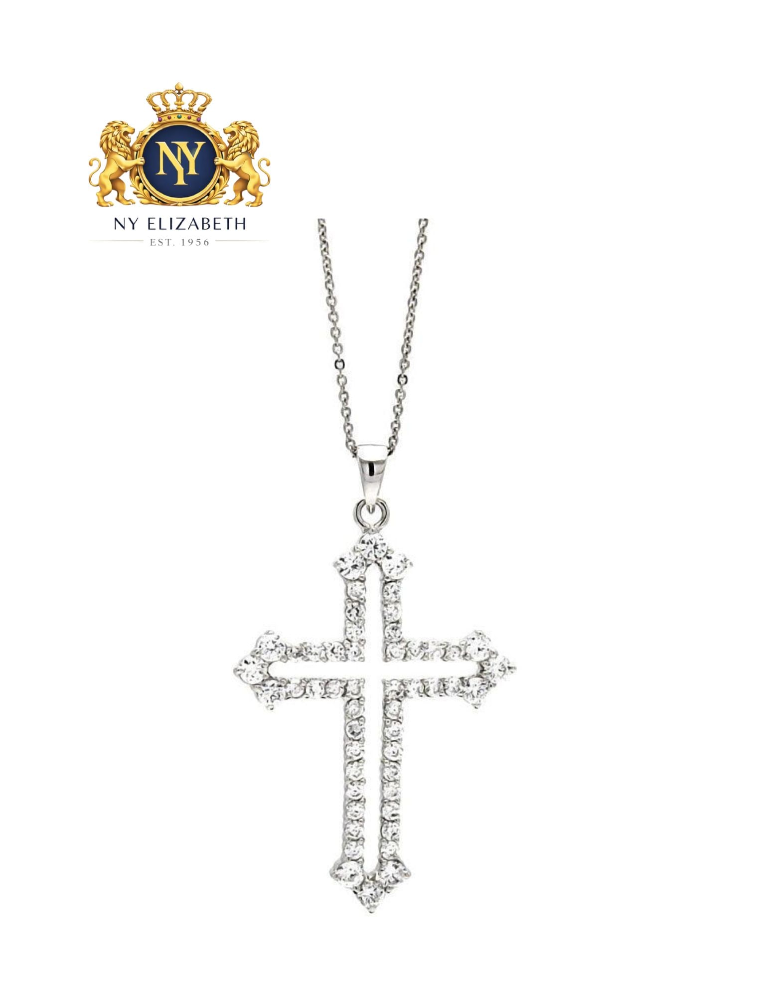 SILVER 925 RHODIUM PLATED OPEN CROSS NECKLACE: Silver 925 Rhodium Plated Open Cross CZ Necklace Metal: 925 Sterling Silver Plating: Nickel Free Rhodium Plated Stone: Cubic Zirconia Stones Dimensions: 45mm x 31mm Length: 16 + 2 inch Extension A