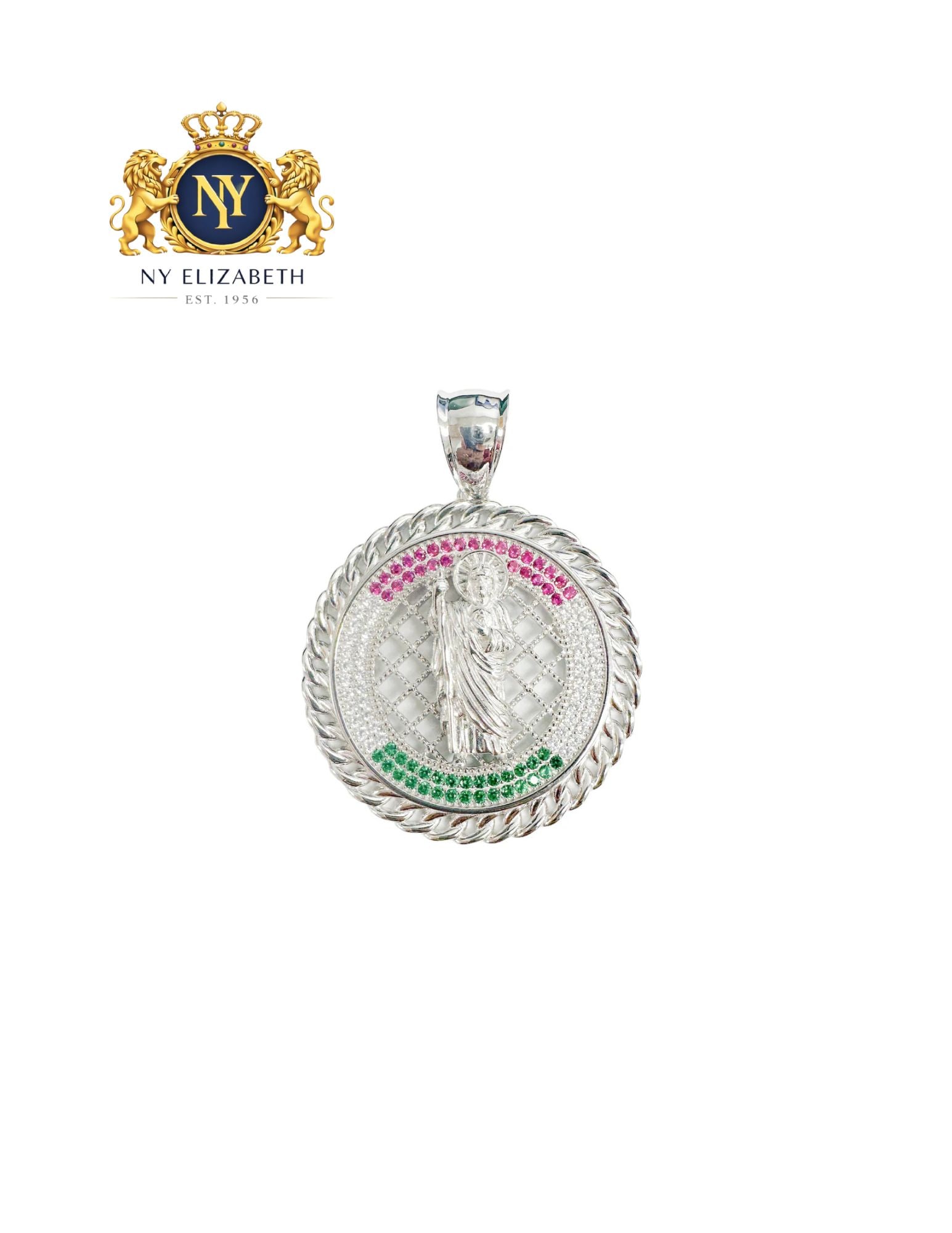RHODIUM PLATED 925 STERLING SILVER GREEN AND RED PENDANT: Rhodium Plated 925 Sterling Silver Green and Red CZ Pendant Metal: 925 Sterling Silver Plating: Rhodium Plated Dimensions: 35mm Length: None Accessories: None Notice: When purchasing pre-owned good