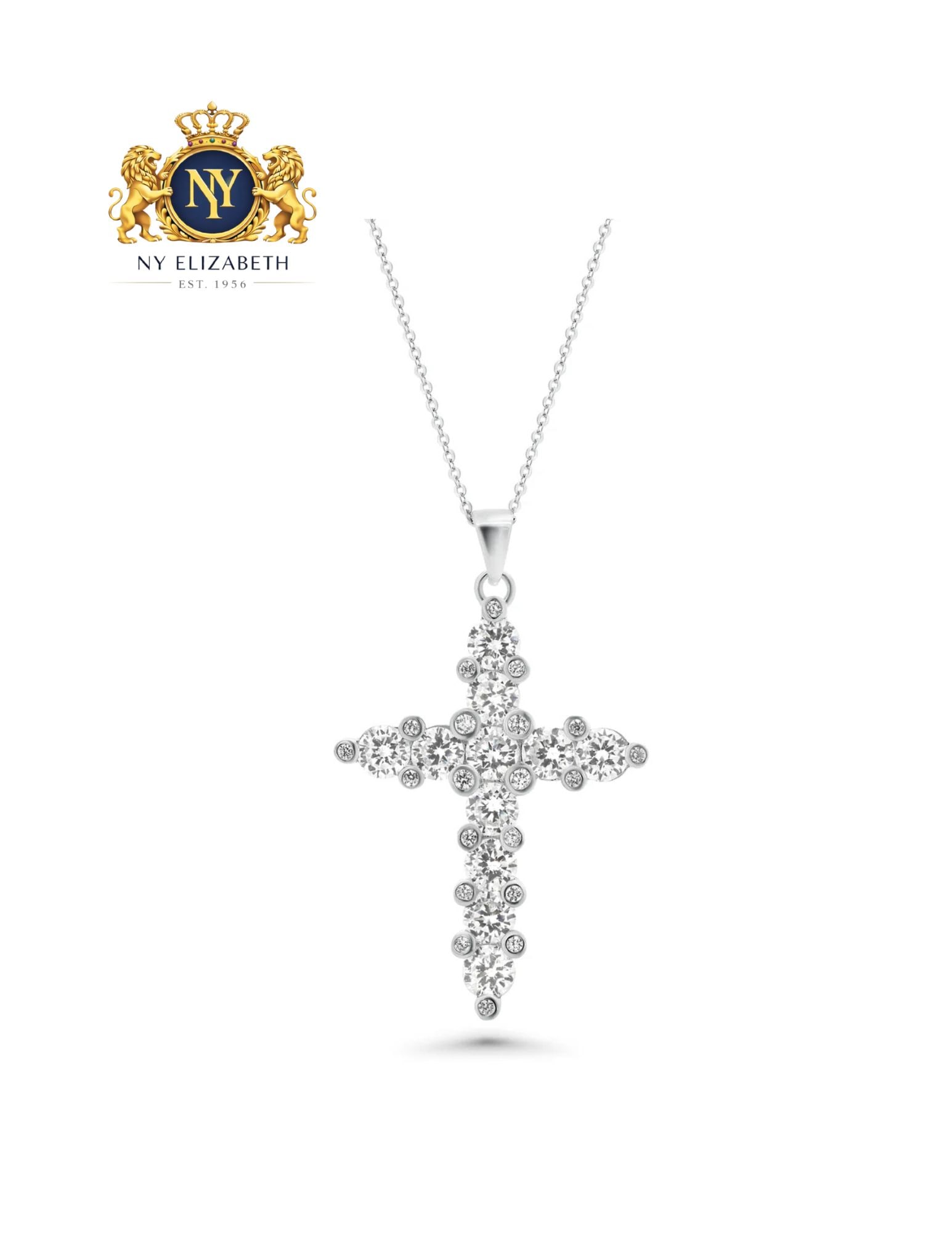 RHODIUM PLATED 925 SILVER CLEAR CROSS PENDANT NECKLACE: Rhodium Plated 925 Silver Clear CZ Cross Pendant Necklace Metal: 925 Sterling Silver Plating: Nickel Free Rhodium Plated Stone: 31 Cubic Zirconia Stones Dimensions: 43mm x 29mm Length: 16 + 2 inch Ext