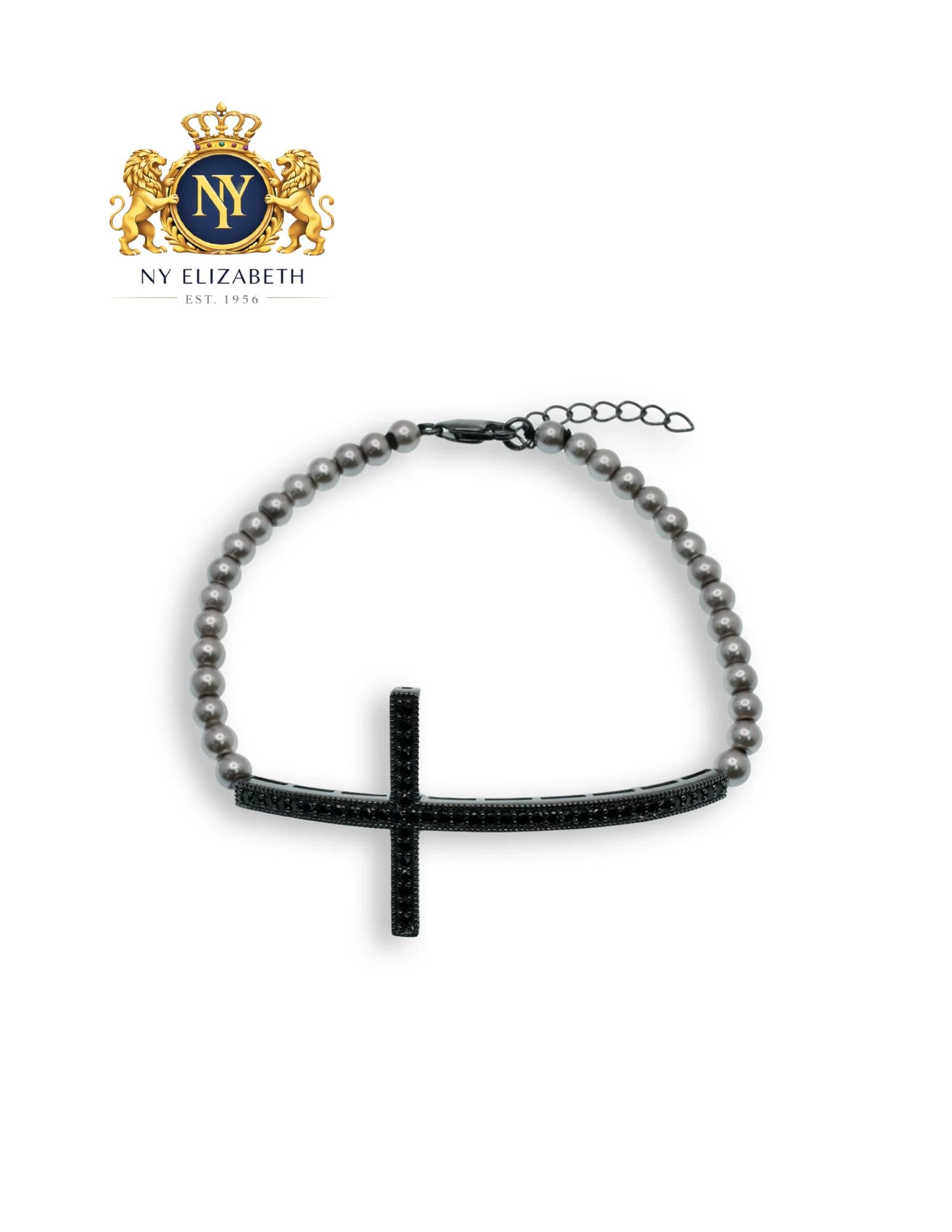 BLACK RHODIUM PLATED 925 STERLING SILVER SIDEWAYS CROSS GRAY BEADS BRACELET: Black Rhodium Plated 925 Sterling Silver Sideways Cross CZ Gray Beads Bracelet Metal: 925 Sterling Silver Stone: Grey Beads and Cubic Zirconia Dimensions: 27.1mm x 56.2mm Length: 7-7.5 inches Adjustab