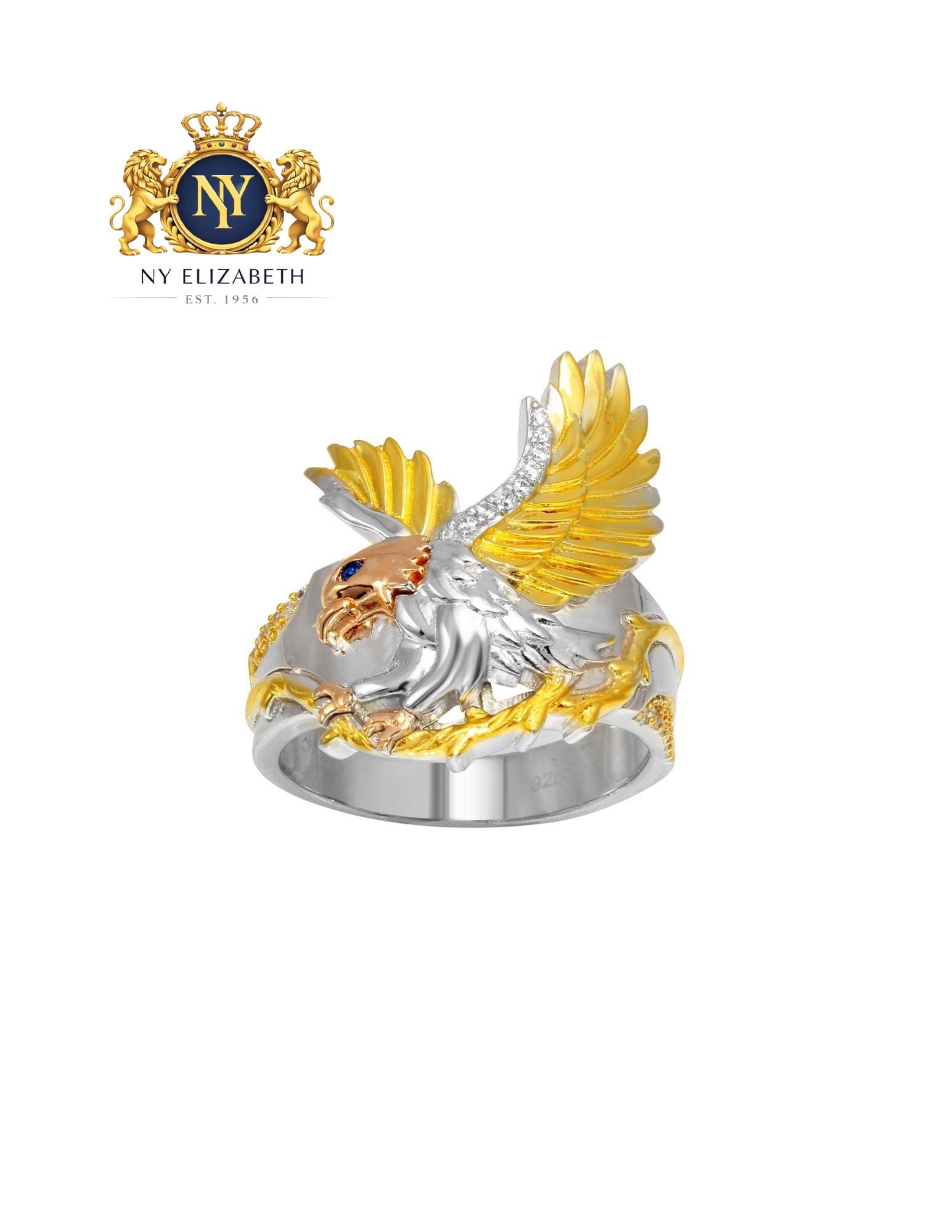 THREE-TONE 925 STERLING SILVER MEN'S BLUE AND CLEAR EAGLE RING: Three-Tone 925 Sterling Silver Men's Blue And Clear CZ Eagle Ring Metal: 925 Sterling Silver Plating: Nickel Free Gold and Rhodium Plated Stone: Cubic Zirconia Stones Ring Size:: 9 US Accessories: Non