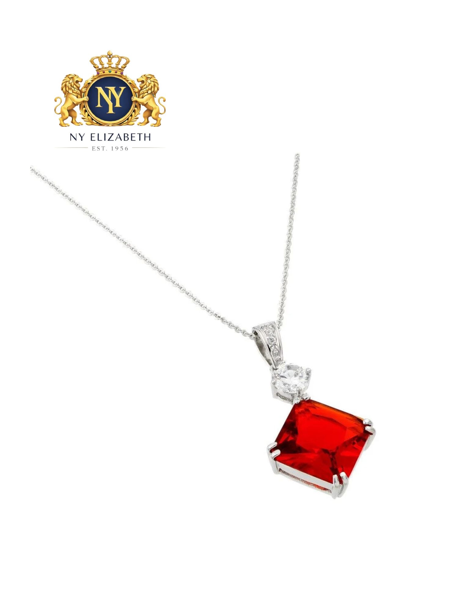 SILVER 925 RHODIUM PLATED RED PENDANT: Silver 925 Rhodium Plated Red CZ Pendant Metal: 925 Sterling Silver Plating: Nickel Free Rhodium Plated Stone: Cubic Zirconia Stones Dimensions: 38mm x 19mm Length: 16 + 2 inch Extension Accessori