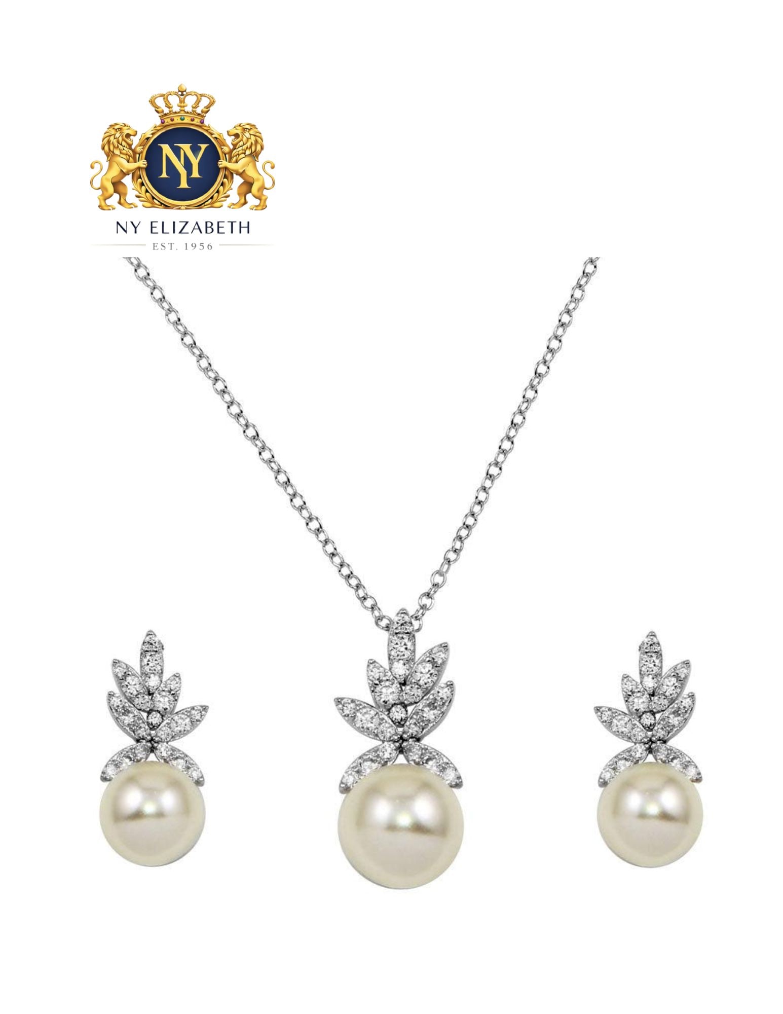 RHODIUM PLATED 925 STERLING SILVER LEAVES PEARL SET: Rhodium Plated 925 Sterling Silver CZ Leaves Pearl Set Metal: 925 Sterling Silver Plating: Nickel Free Rhodium Plated Stone: Cubic Zirconia Stones Dimensions: Earring Dimensions: 8.2mm x 18.5mm, Penda